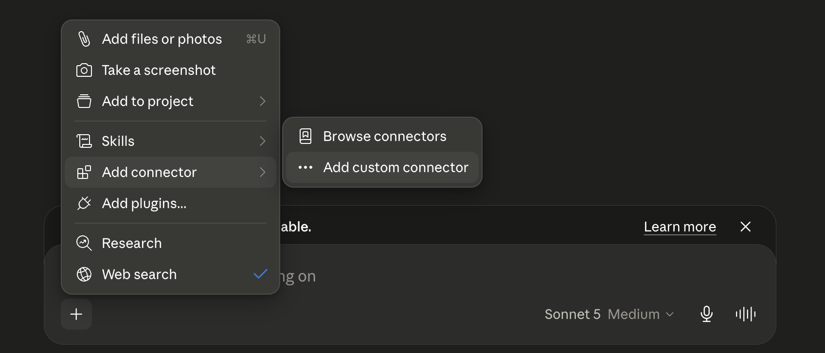 Claude: Add connector menu with Add custom connector selected