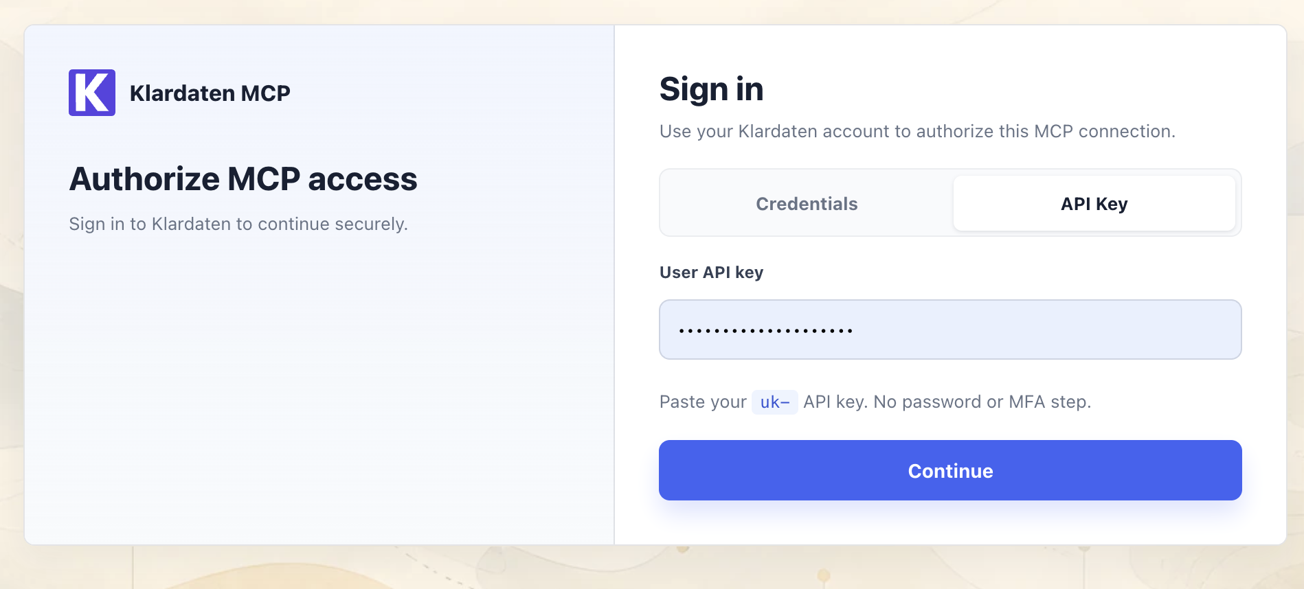 Klardaten: authorize Claude MCP access with credentials or an API key
