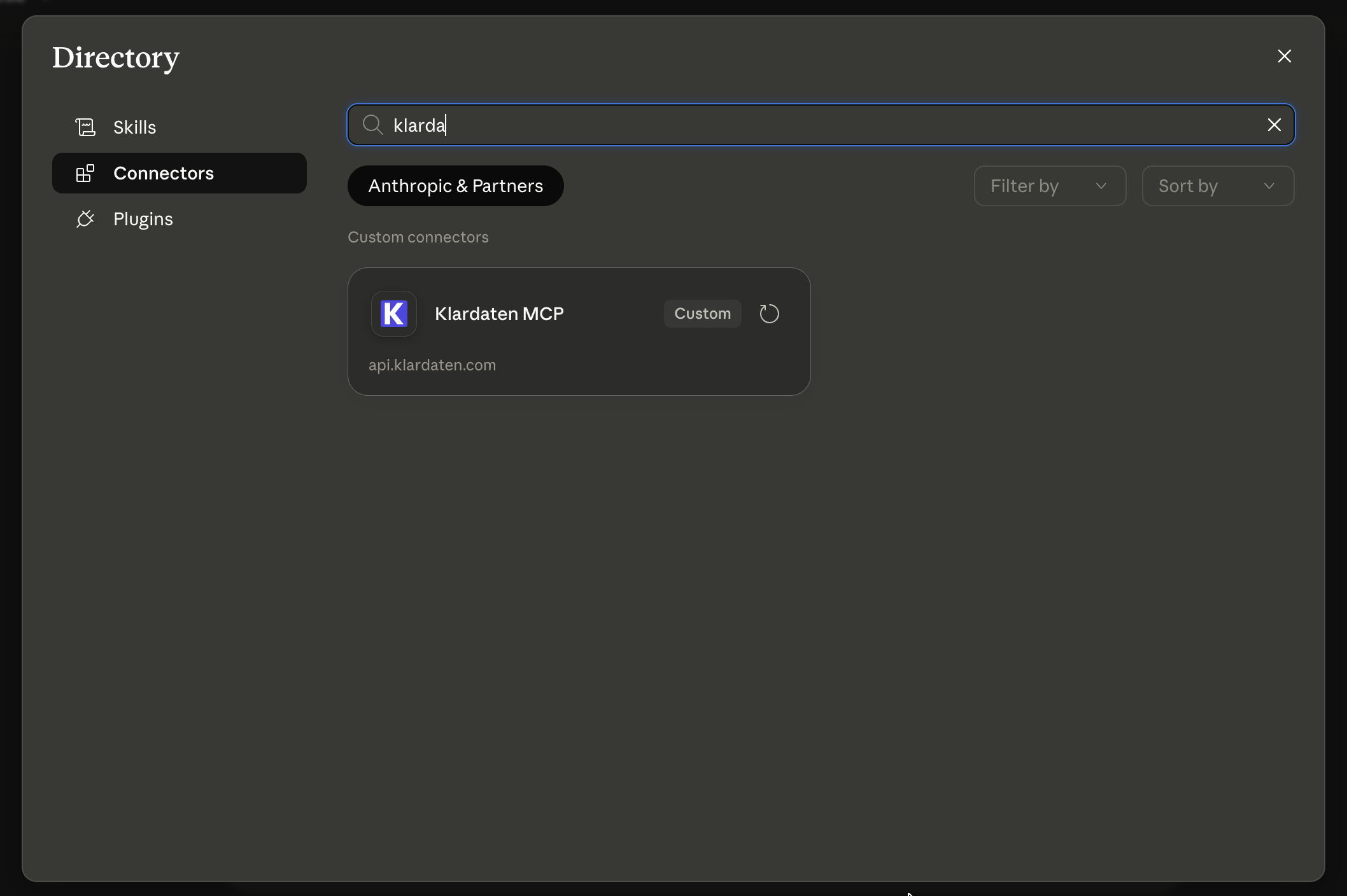 Claude: Klardaten MCP custom connector in the connector directory