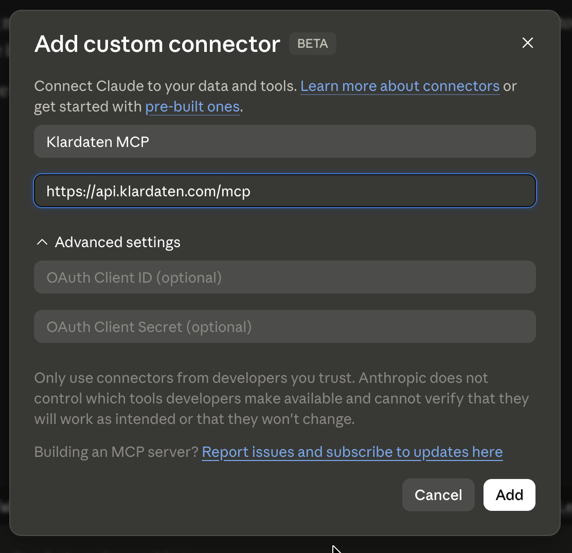 Claude: custom connector with Klardaten MCP name and server URL
