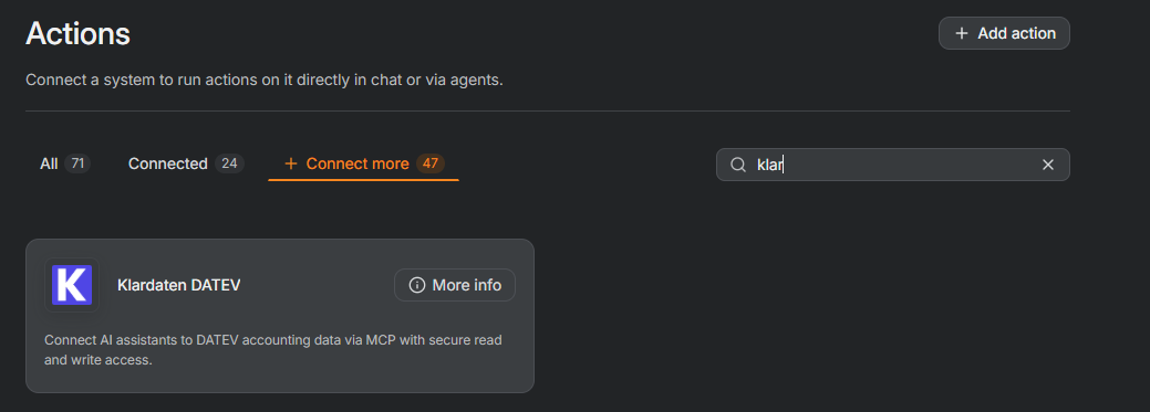 amber: personal Actions page with the Klardaten DATEV integration
