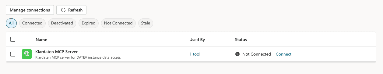 Copilot Studio: connect to Klardaten MCP after a prompt