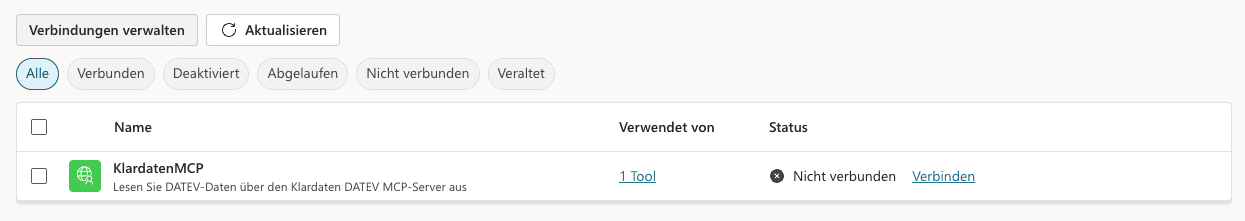 Copilot Studio: Klardaten MCP nach einem Prompt verbinden