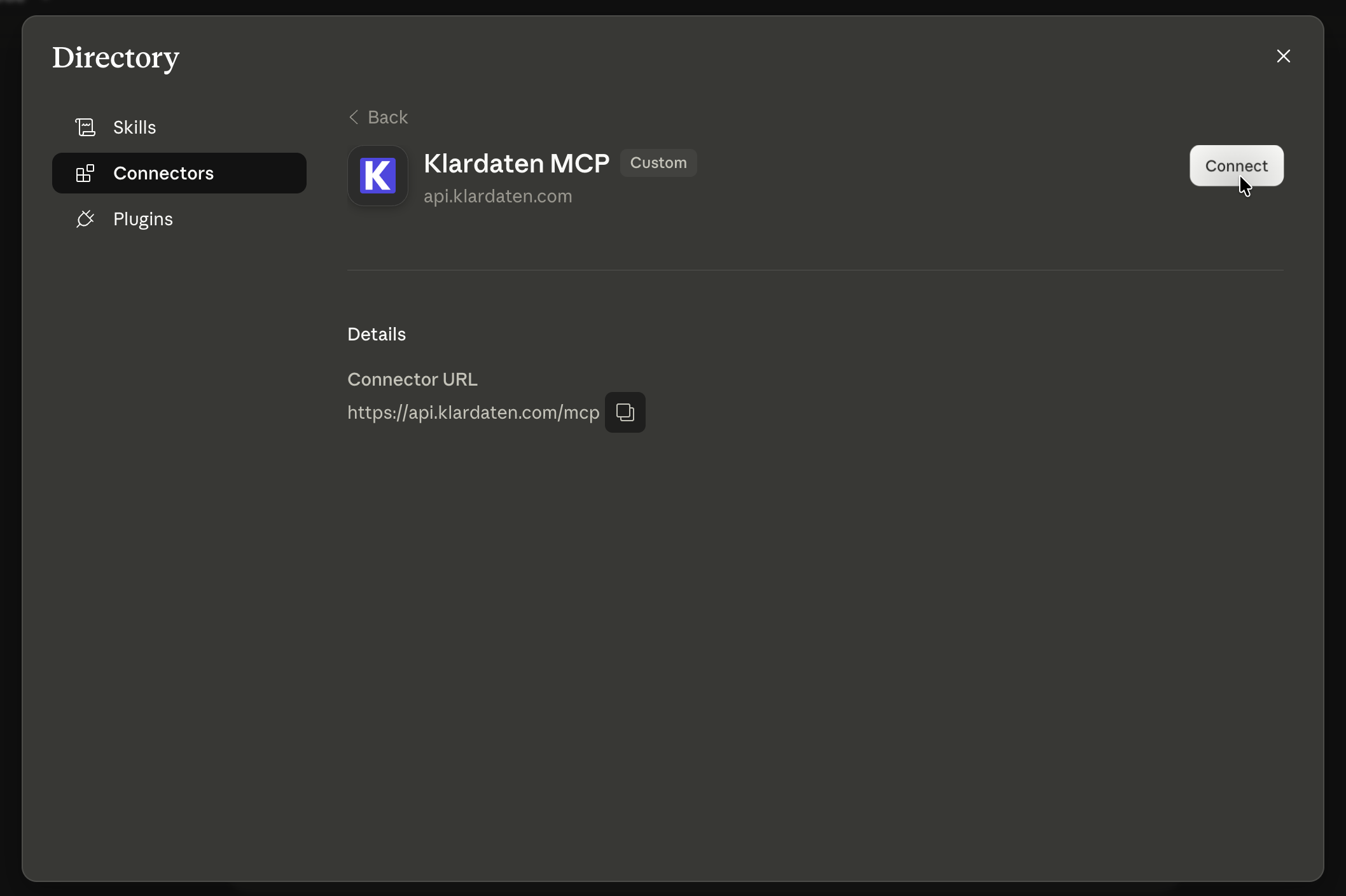 Claude: Klardaten MCP connector details with Connect button