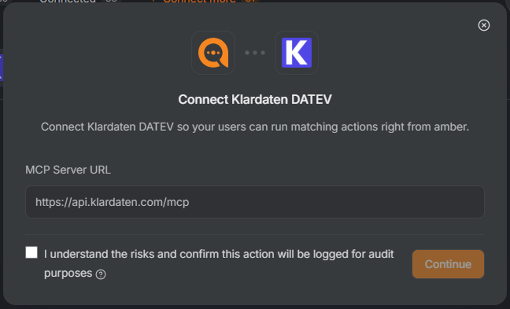 amber: Klardaten DATEV dialog with the MCP server URL, confirmation checkbox and Continue button