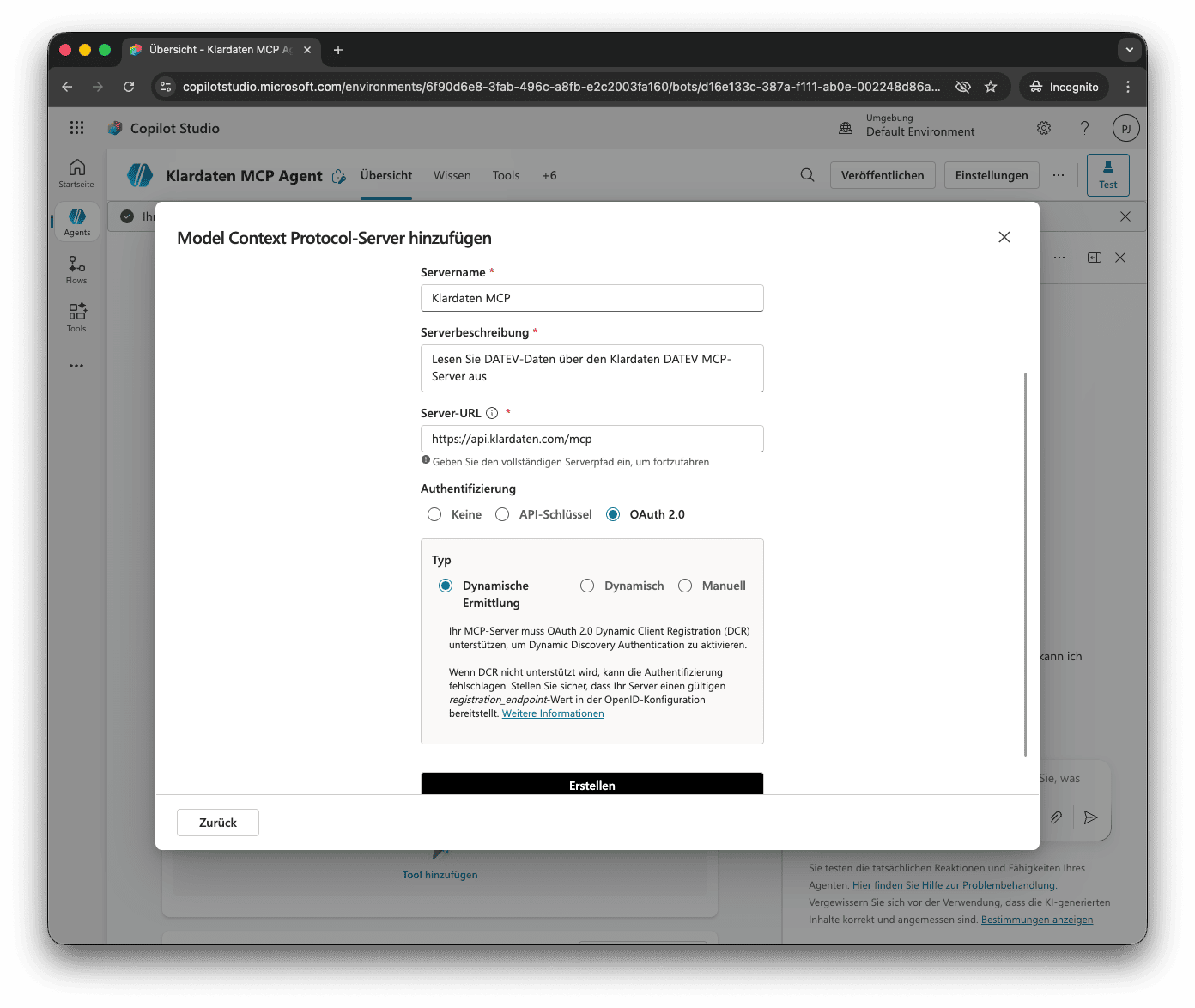 Copilot Studio: Klardaten-MCP-Serverdetails