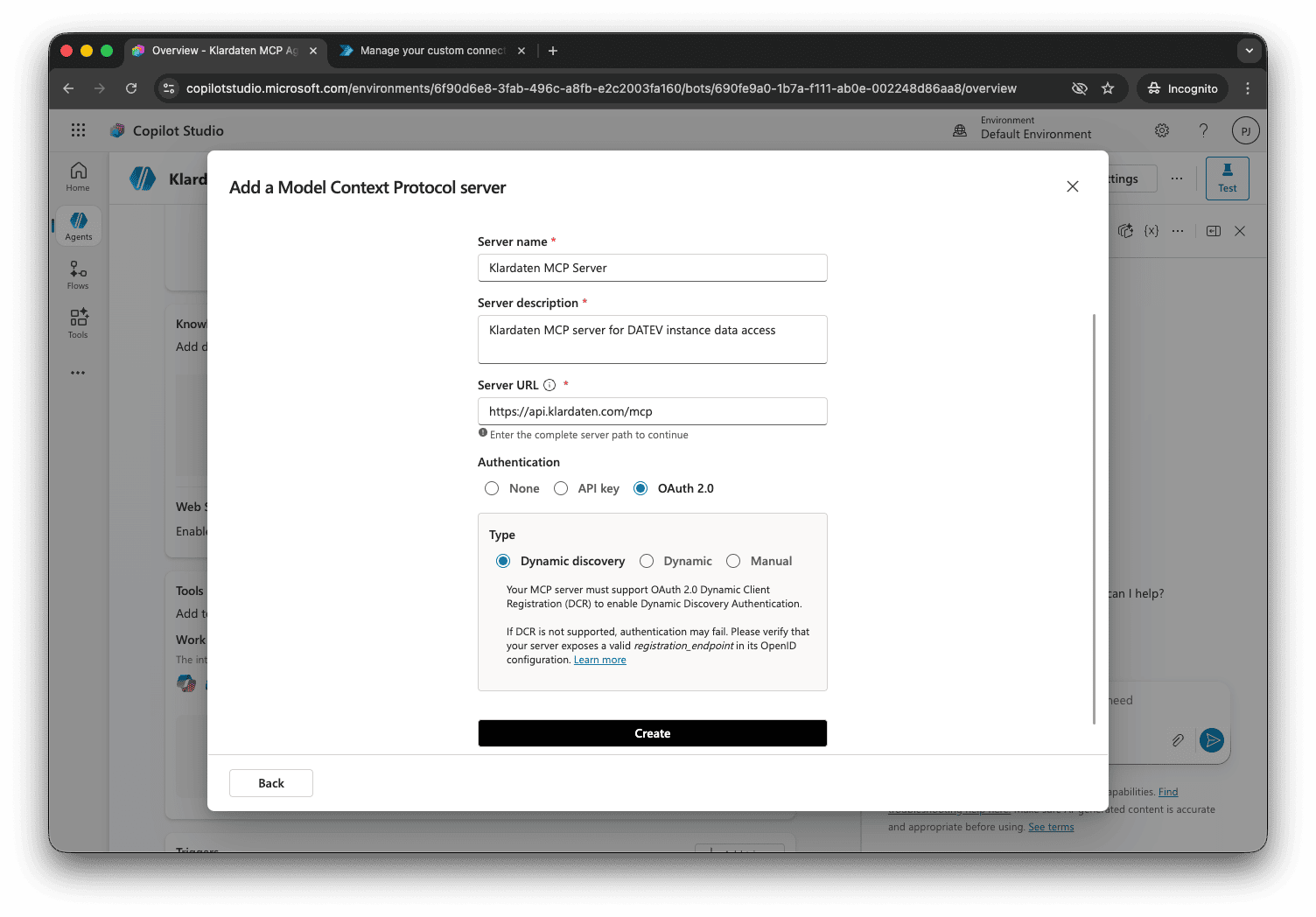Copilot Studio: Klardaten MCP server details