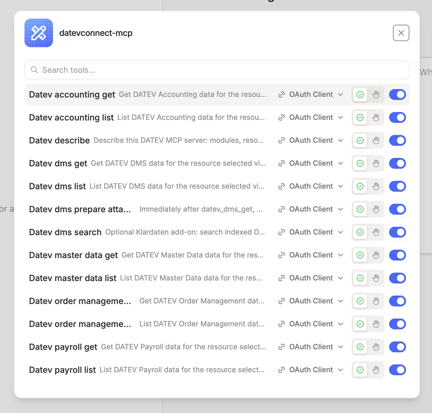 Langdock: Klardaten Agent tools using the same preselected OAuth Client connection