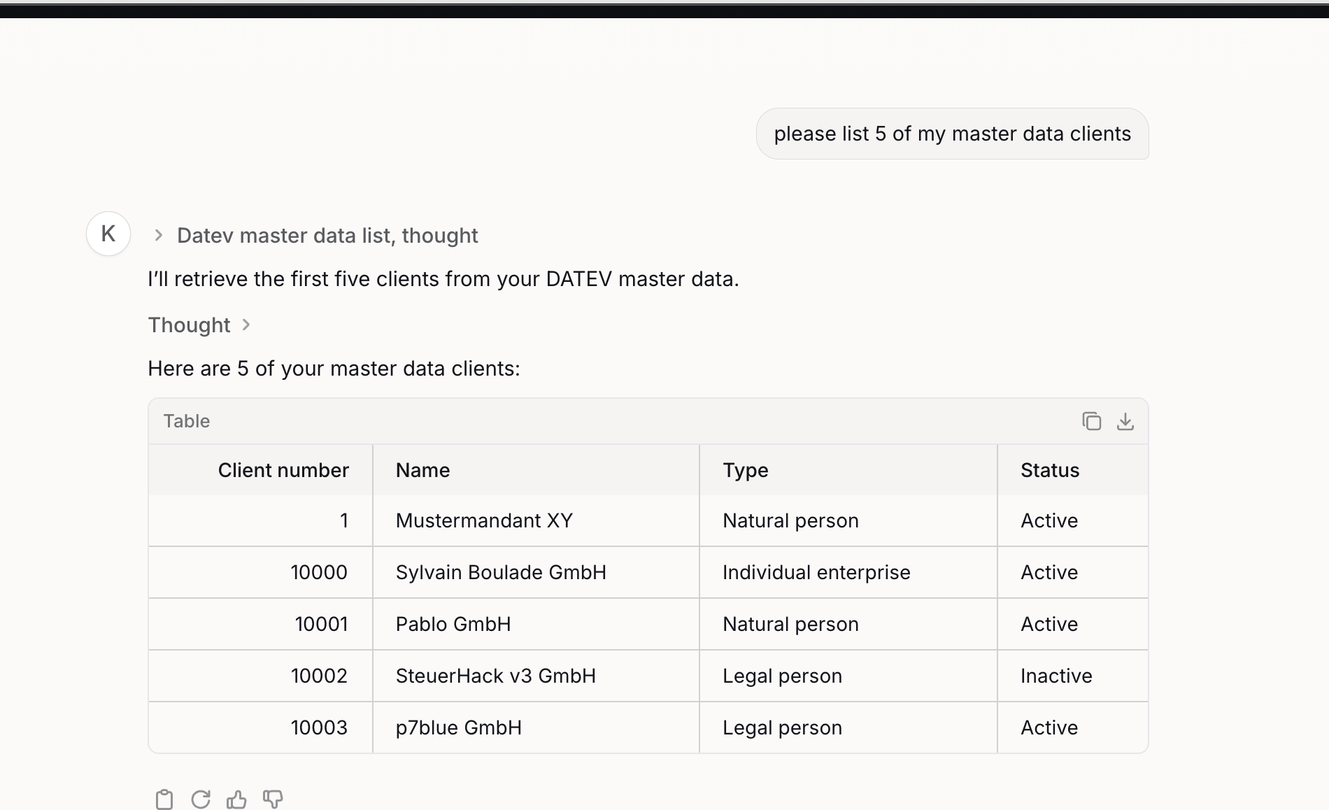 Langdock: organization member successfully retrieving DATEV master data through the shared Agent