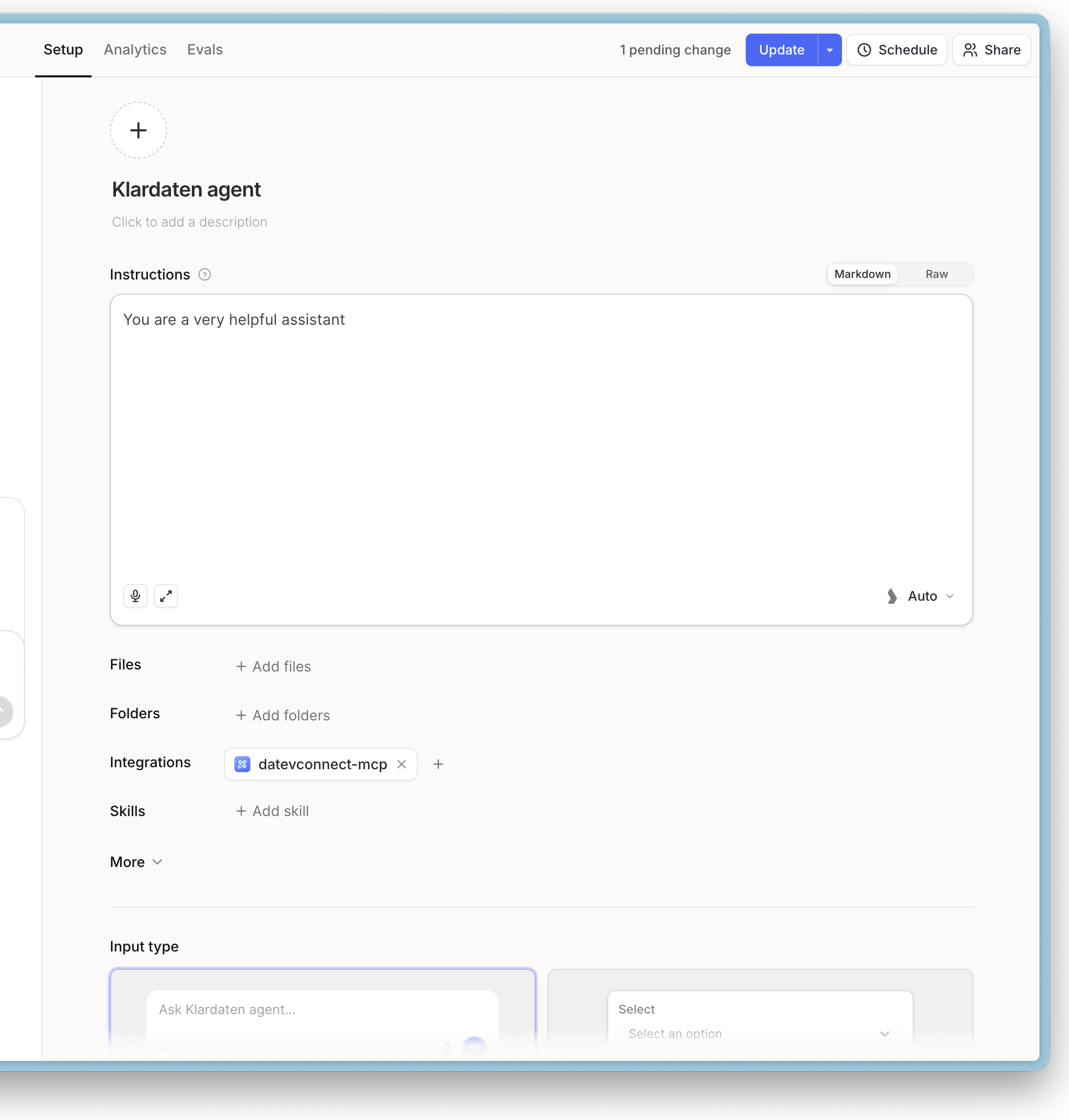 Langdock: Agent editor showing one pending change and the Update button