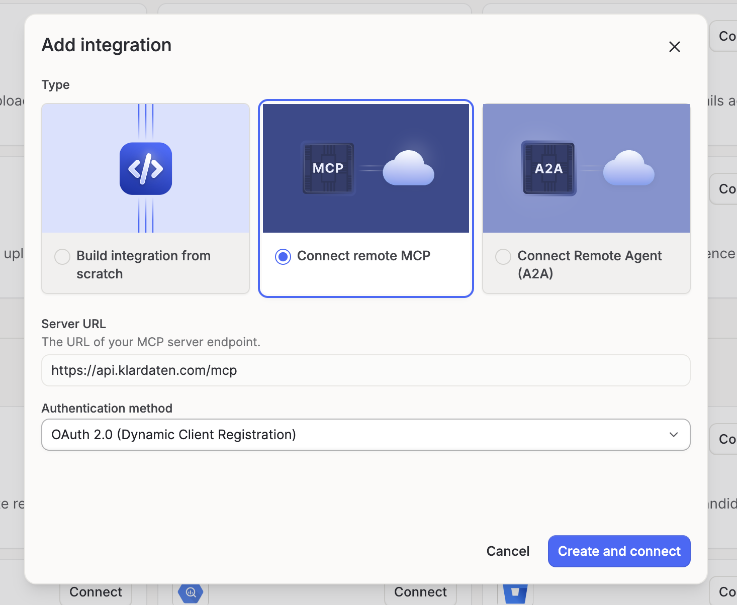Langdock: current Connect remote MCP dialog with the Klardaten endpoint and OAuth selected