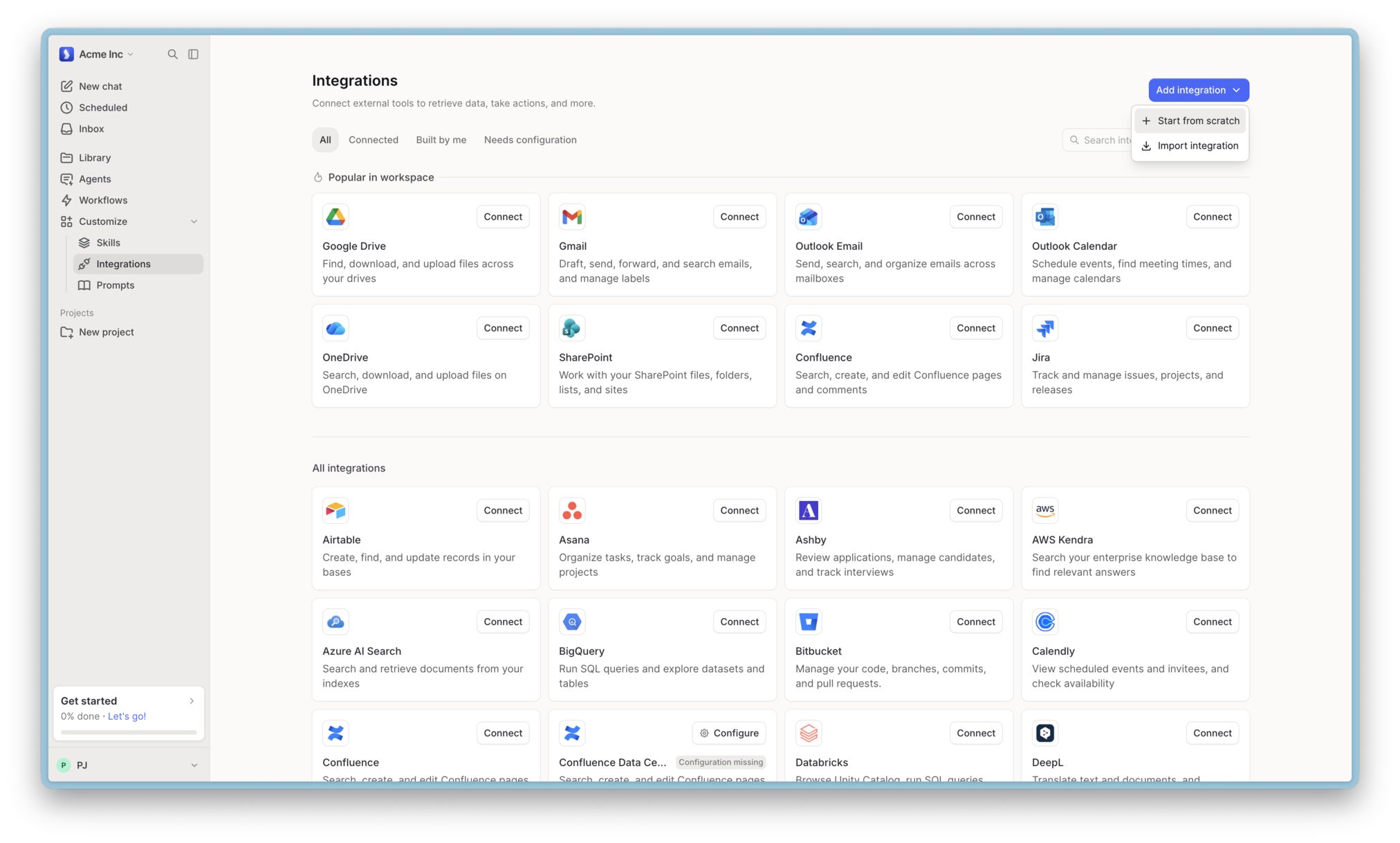 Langdock: current Integrations page with the Add integration menu open