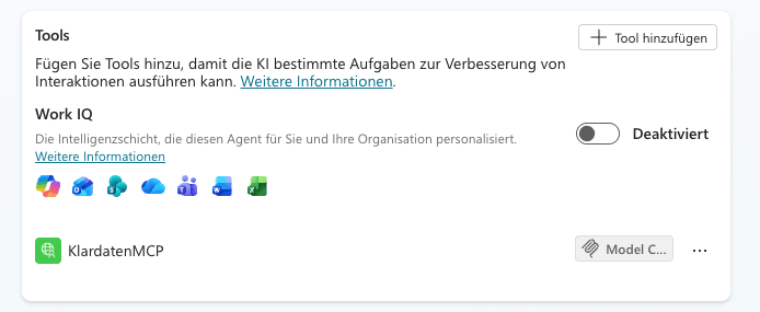 Copilot Studio: Klardaten MCP unter Werkzeuge angezeigt
