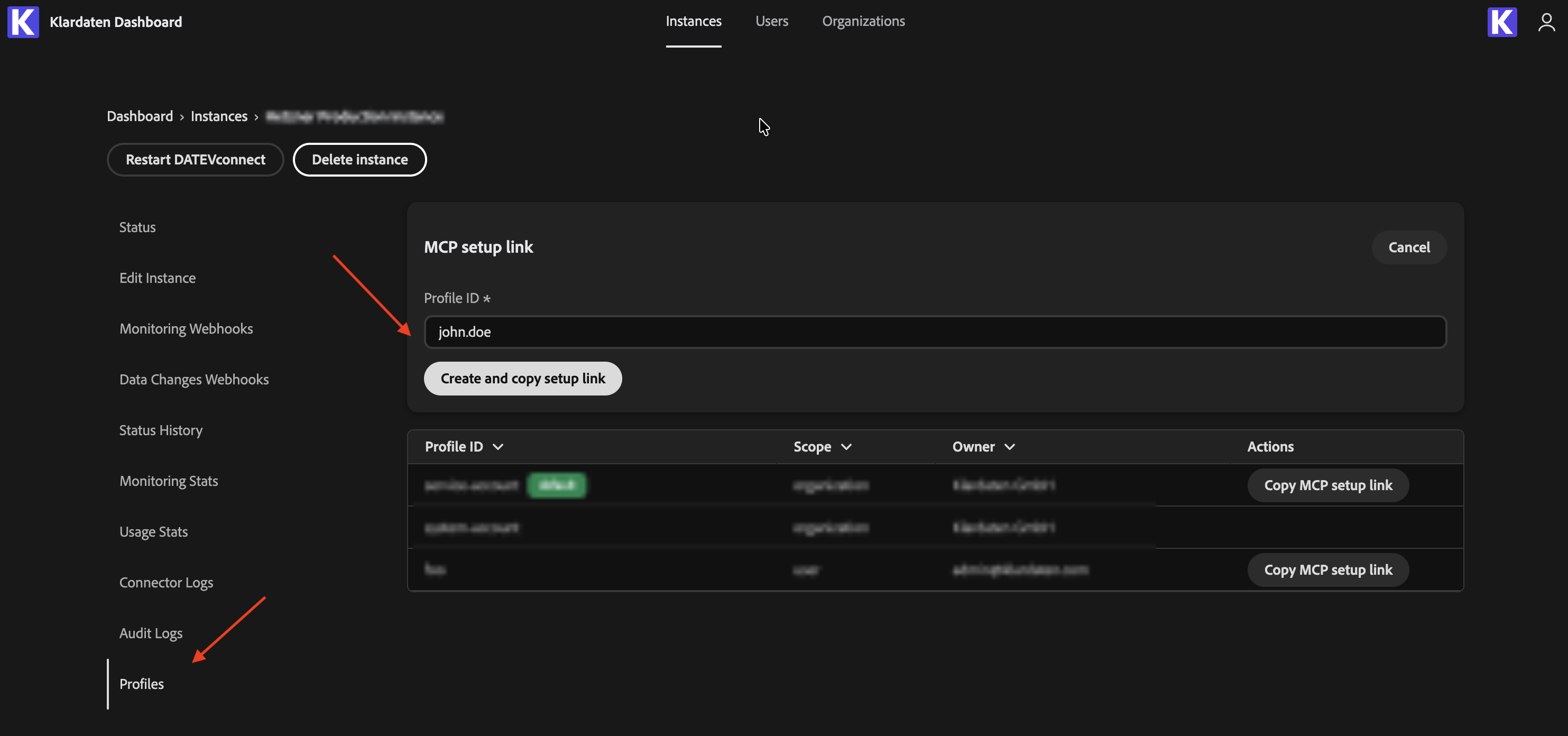 Profiles page in the Klardaten dashboard with a profile ID field and buttons for creating or copying an MCP setup link
