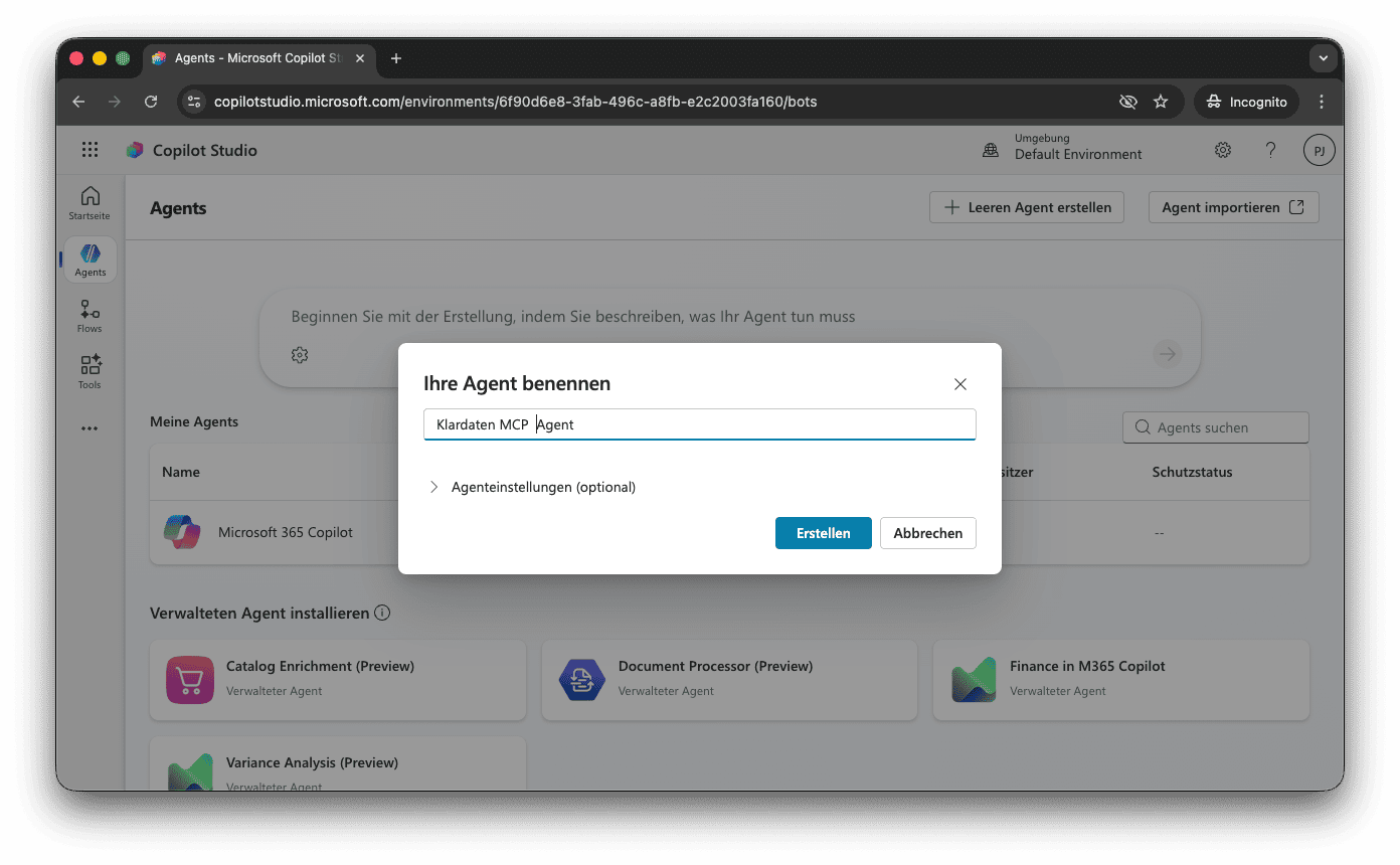 Copilot Studio: neuen Agenten benennen