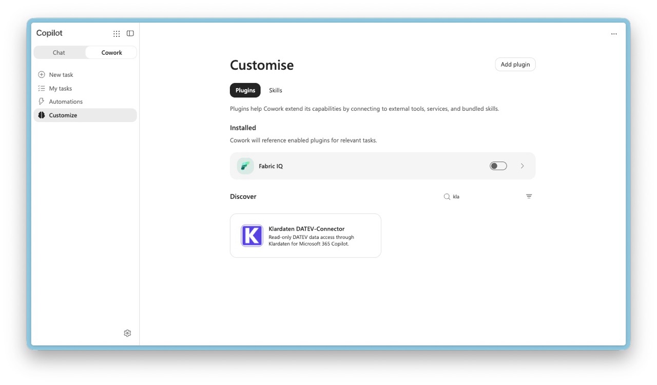 Microsoft Copilot Cowork: Klardaten DATEV-Connector in the plugin catalog