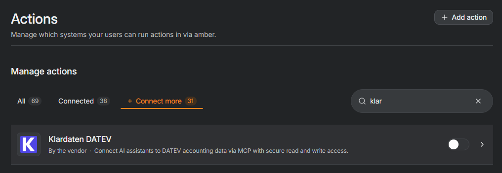 amber: search results showing Klardaten DATEV under Connect more