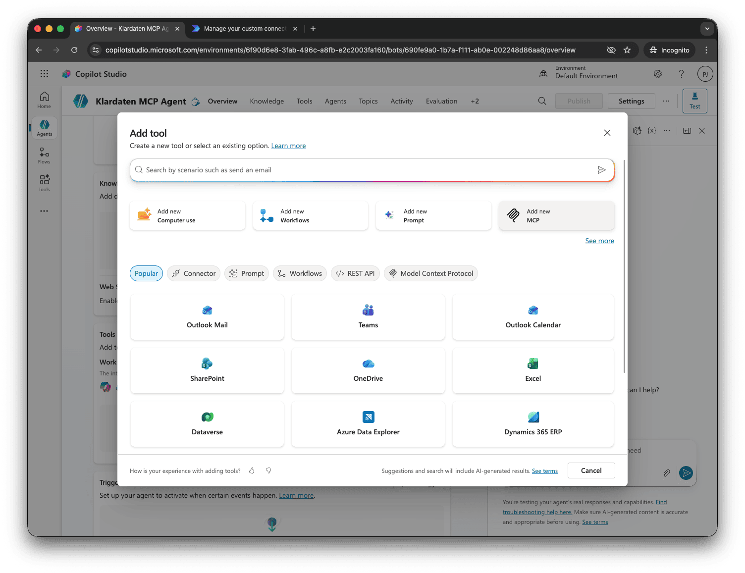 Copilot Studio: select Model Context Protocol from tools