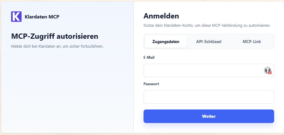 Klardaten: sign-in page for authorizing MCP access