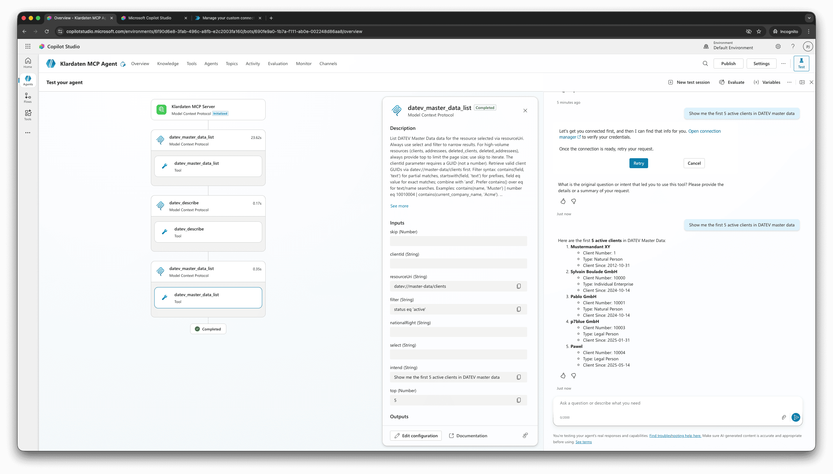 Copilot Studio: run the DATEV prompt again after connecting