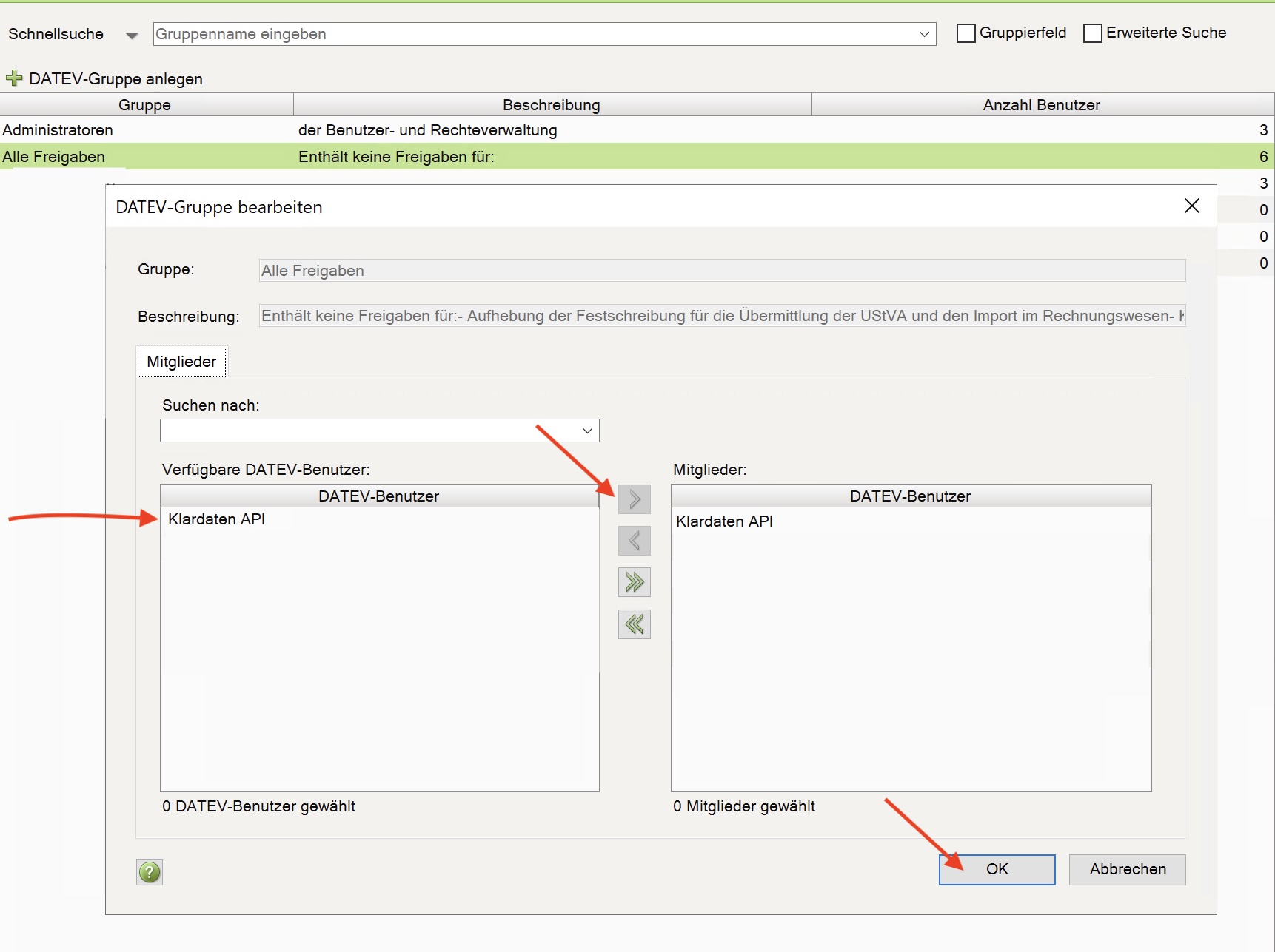 Add the DATEV user to the Alle Freigaben group