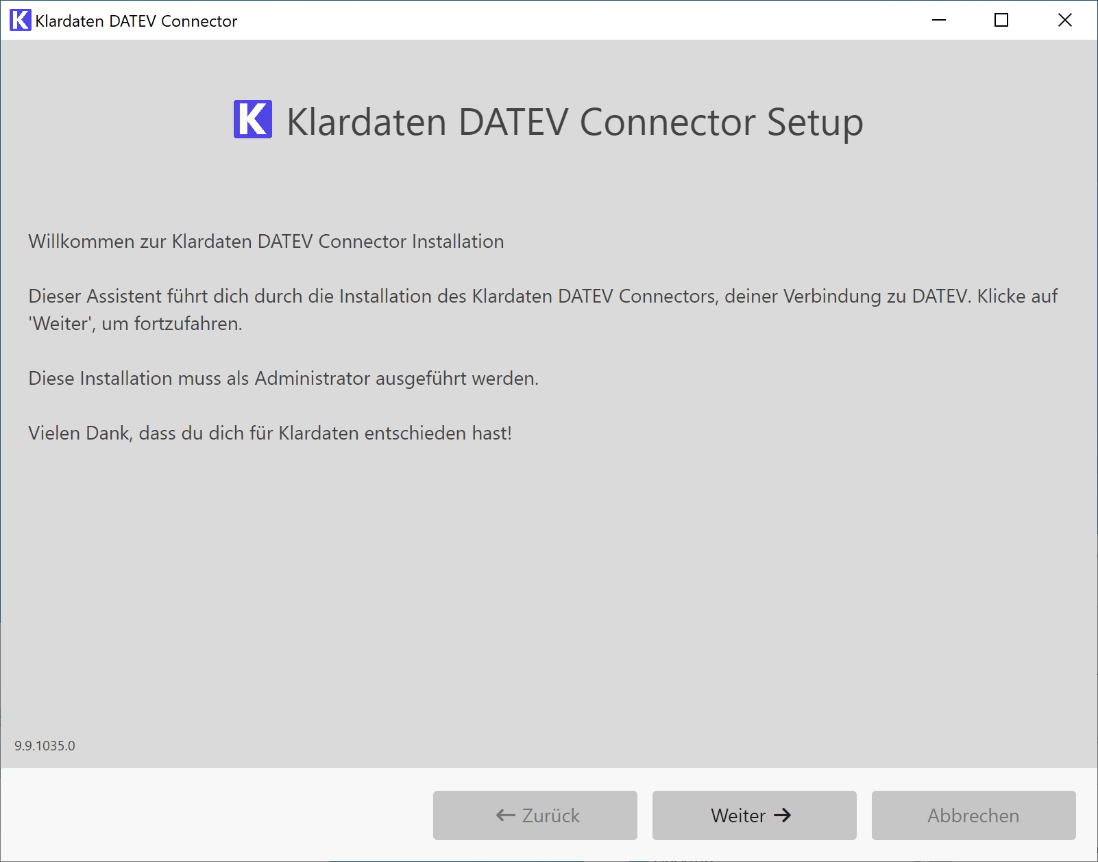 Willkommensseite des Setups