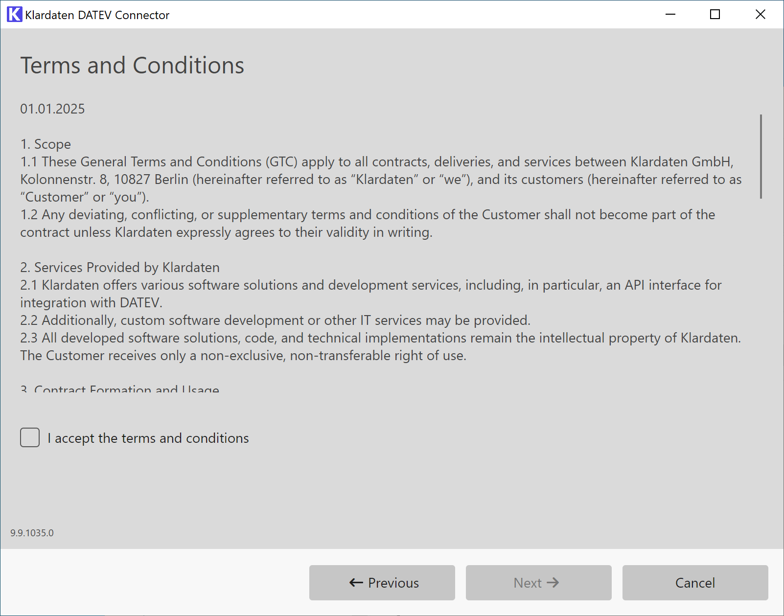Terms and conditions in the installer