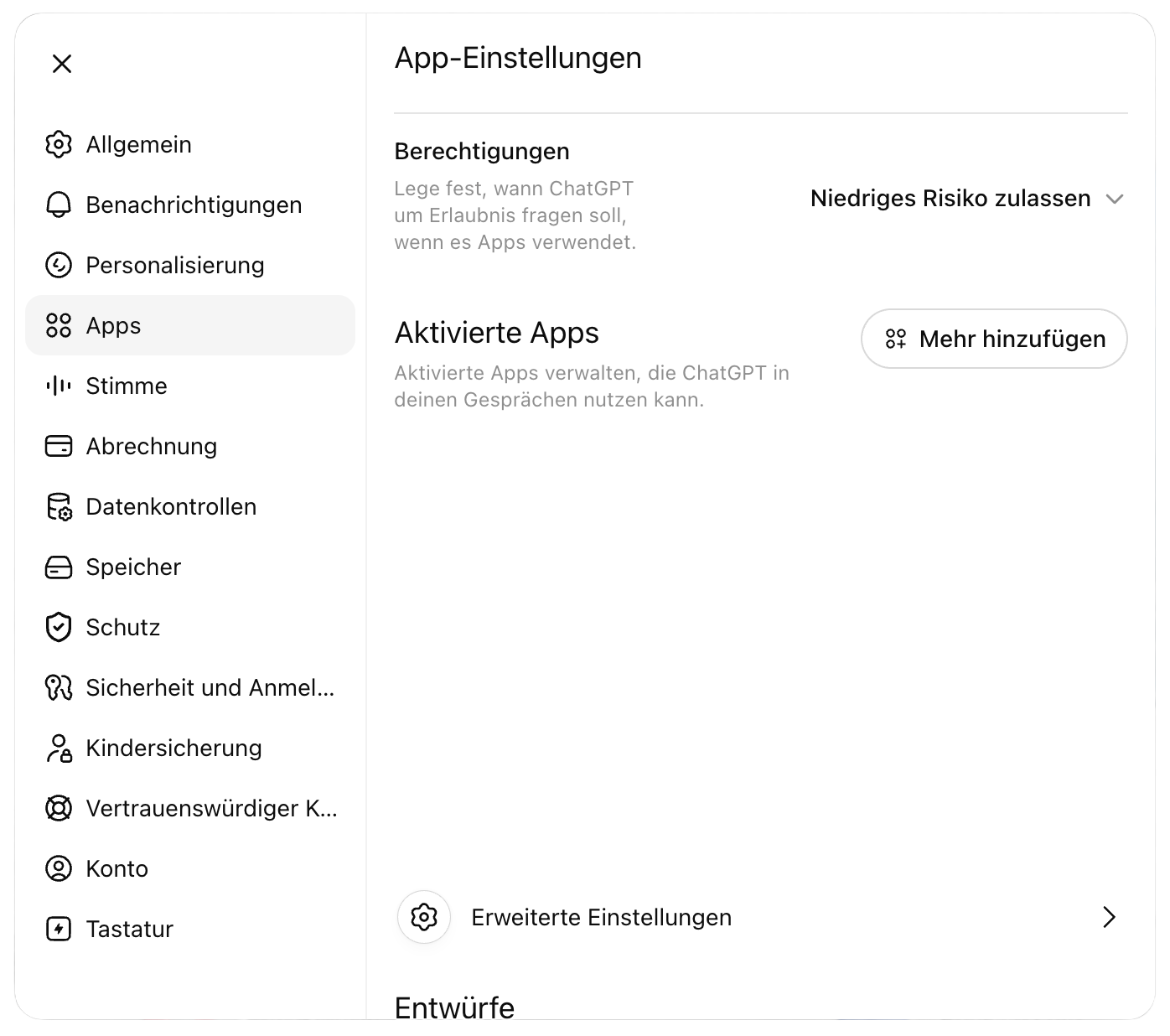 ChatGPT: App-Einstellungen mit Erweiterte Einstellungen