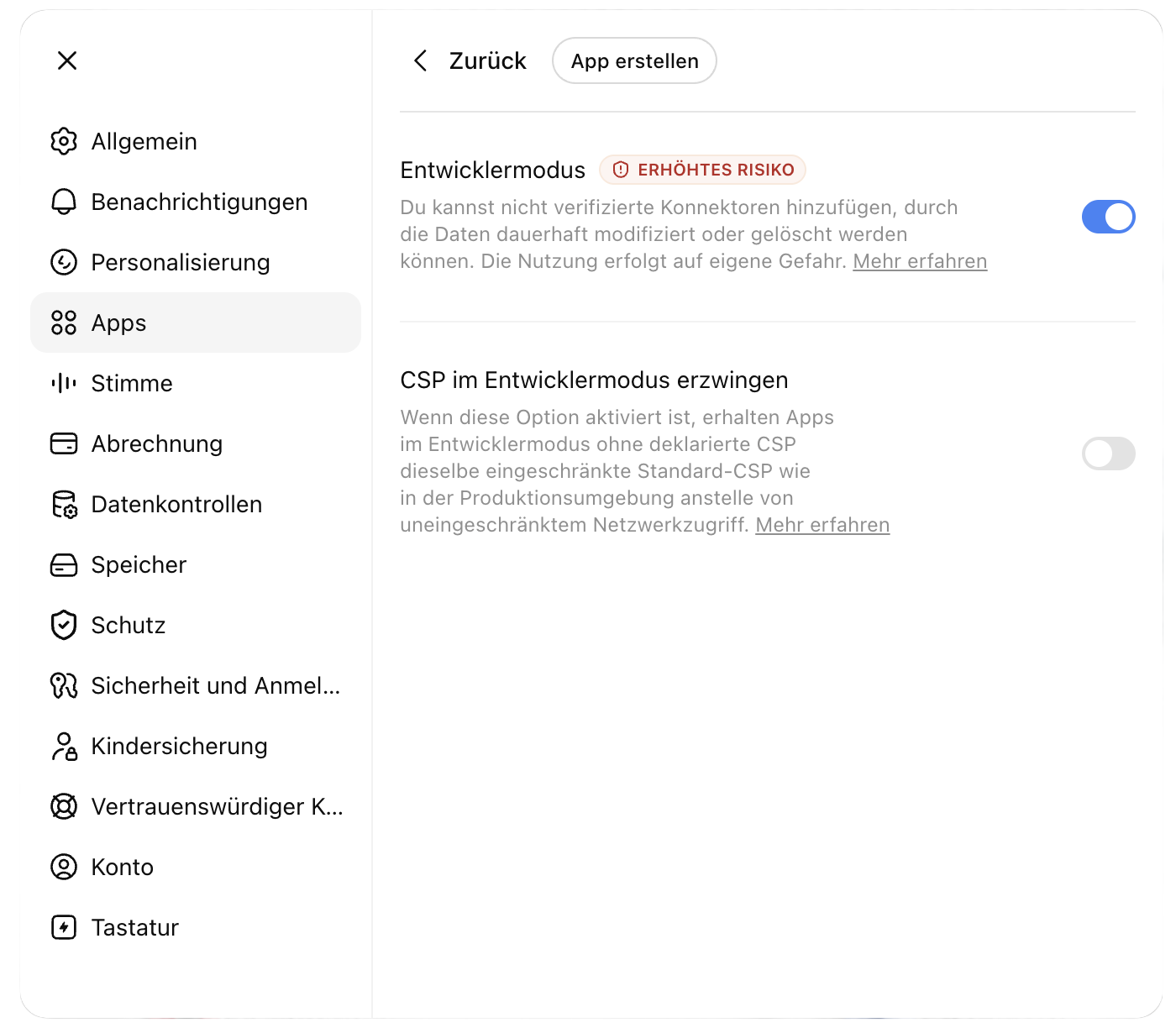 ChatGPT: Erweiterte Einstellungen mit aktiviertem Entwicklermodus und App erstellen