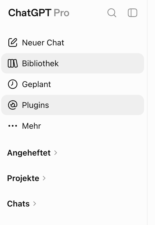 ChatGPT-Seitenleiste mit ausgewähltem Menüpunkt Plugins