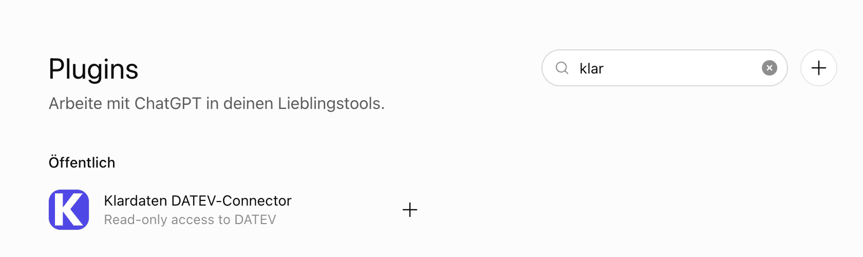 ChatGPT-Plugin-Suche mit Klardaten DATEV-Connector