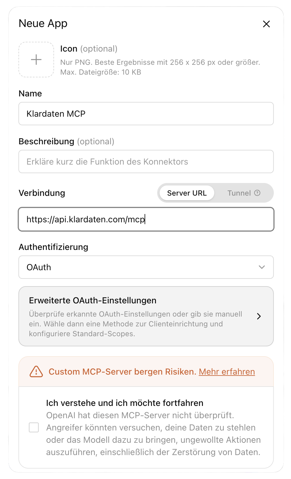 ChatGPT: Dialog Neue App mit Klardaten-MCP-Servereinstellungen