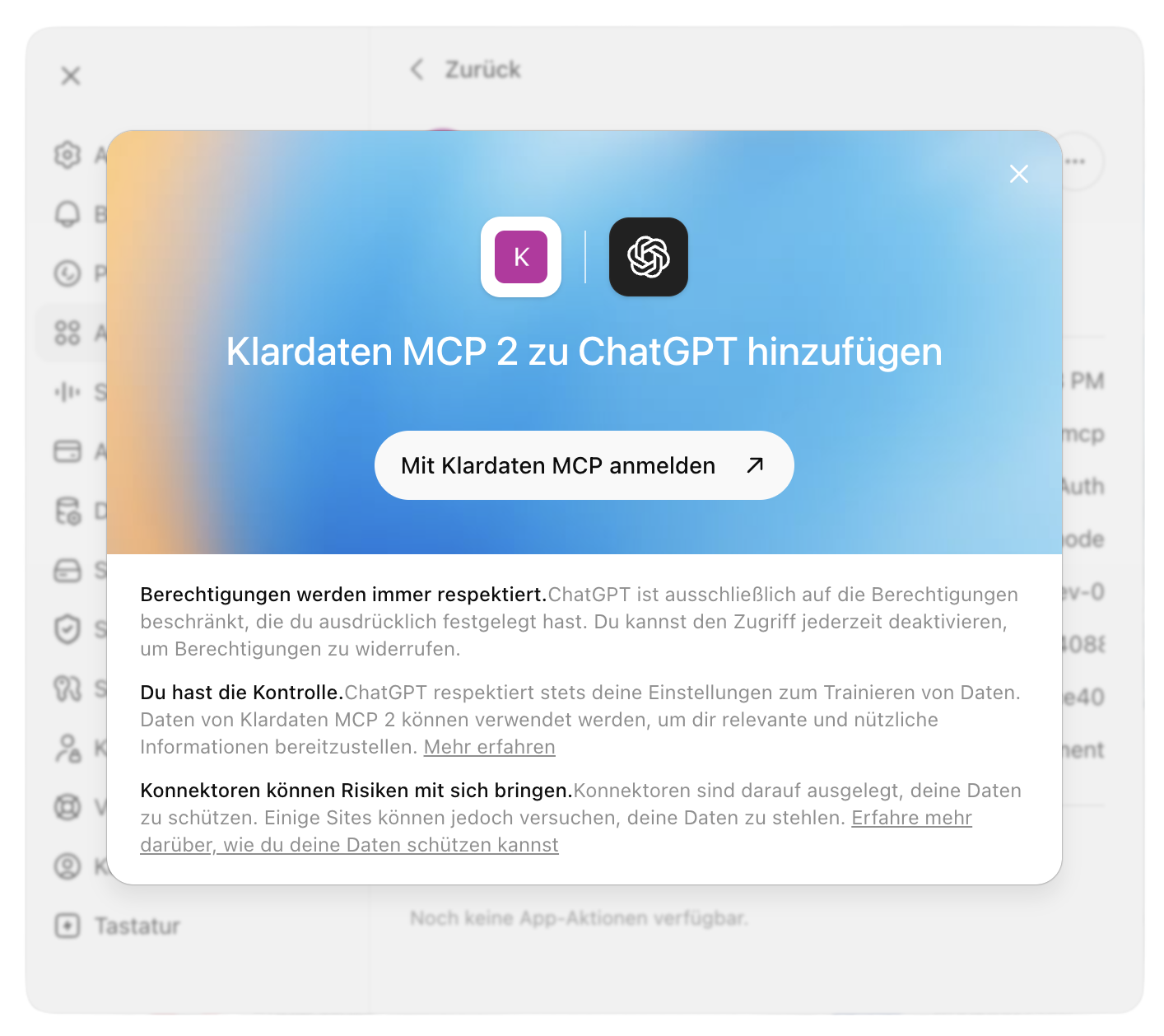ChatGPT: Klardaten-MCP-Freigabe und OAuth-Login