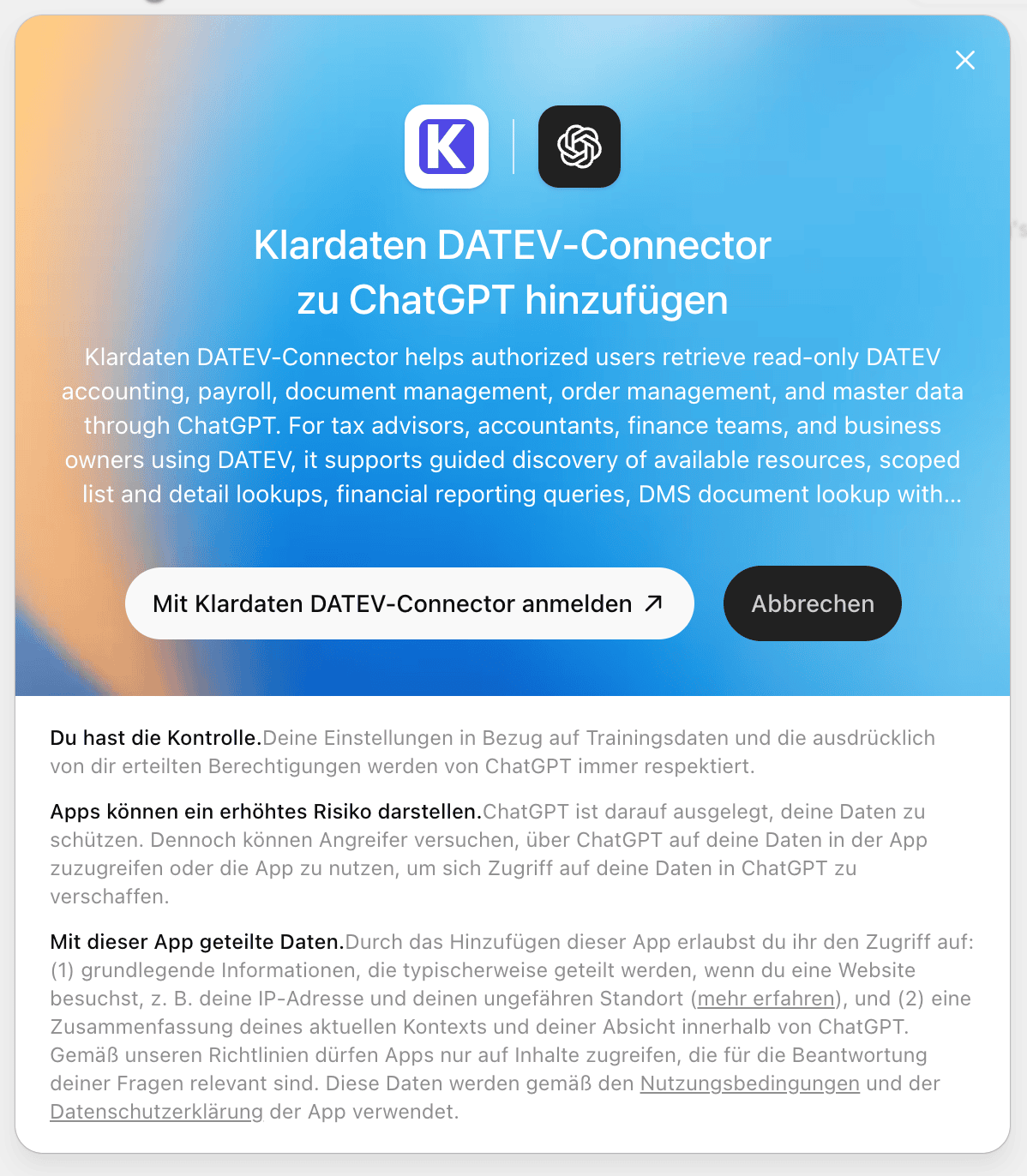 ChatGPT-Freigabebildschirm für die Anmeldung mit Klardaten DATEV-Connector