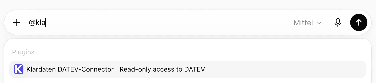 ChatGPT-Eingabefeld mit Klardaten DATEV-Connector in den Plugin-Vorschlägen