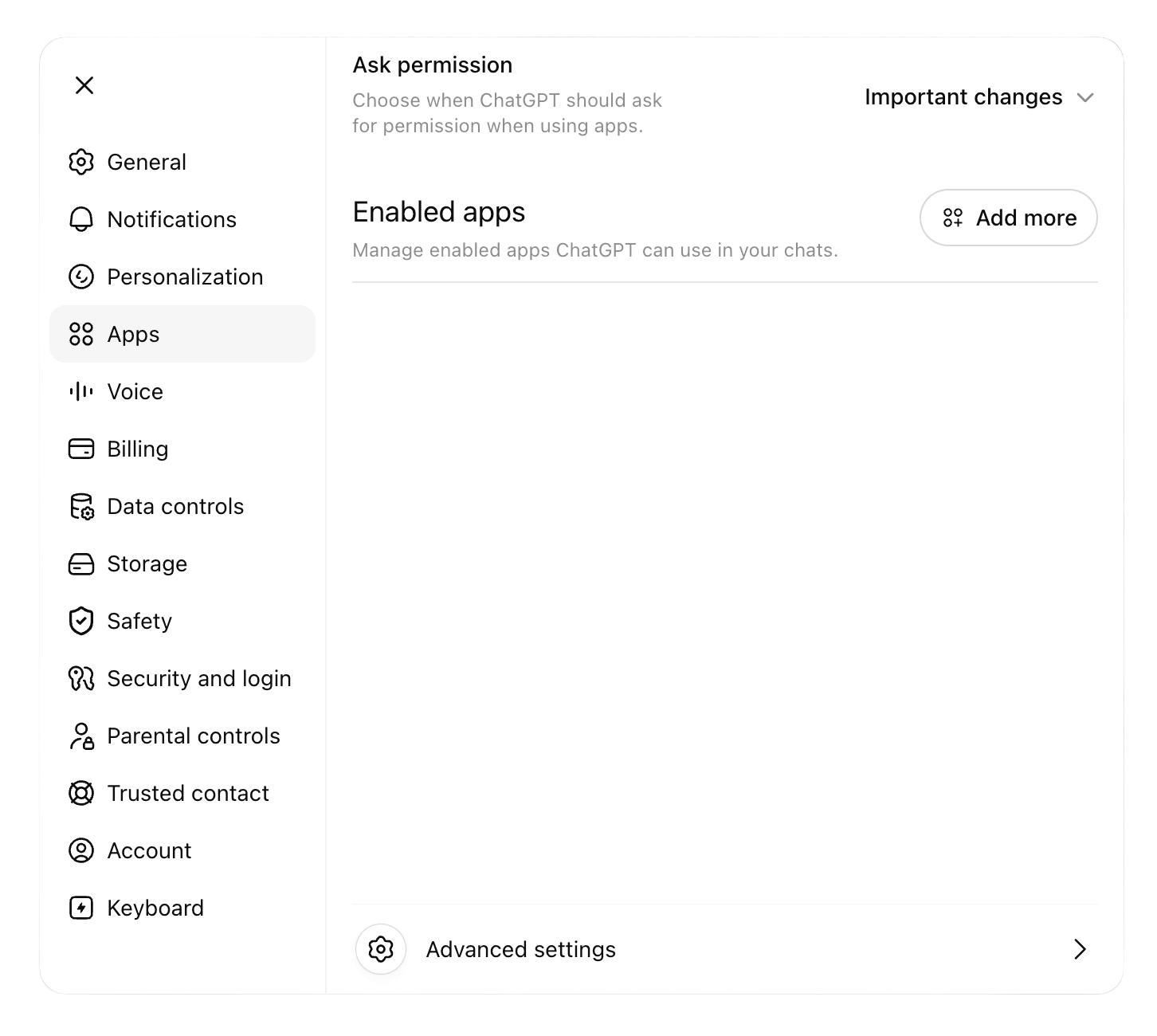 ChatGPT: Apps settings with Advanced settings
