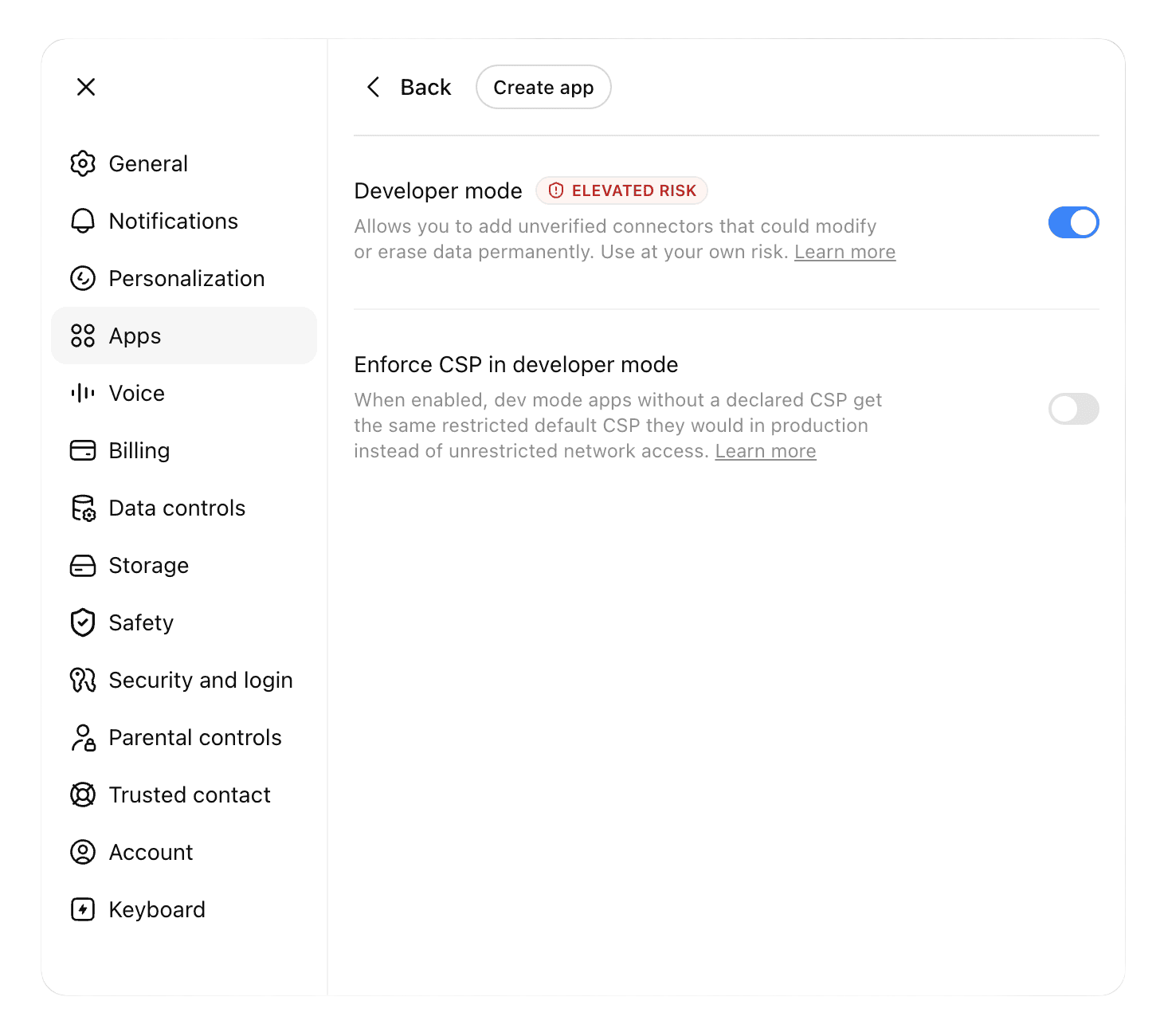 ChatGPT: Advanced settings with Developer mode enabled and Create app