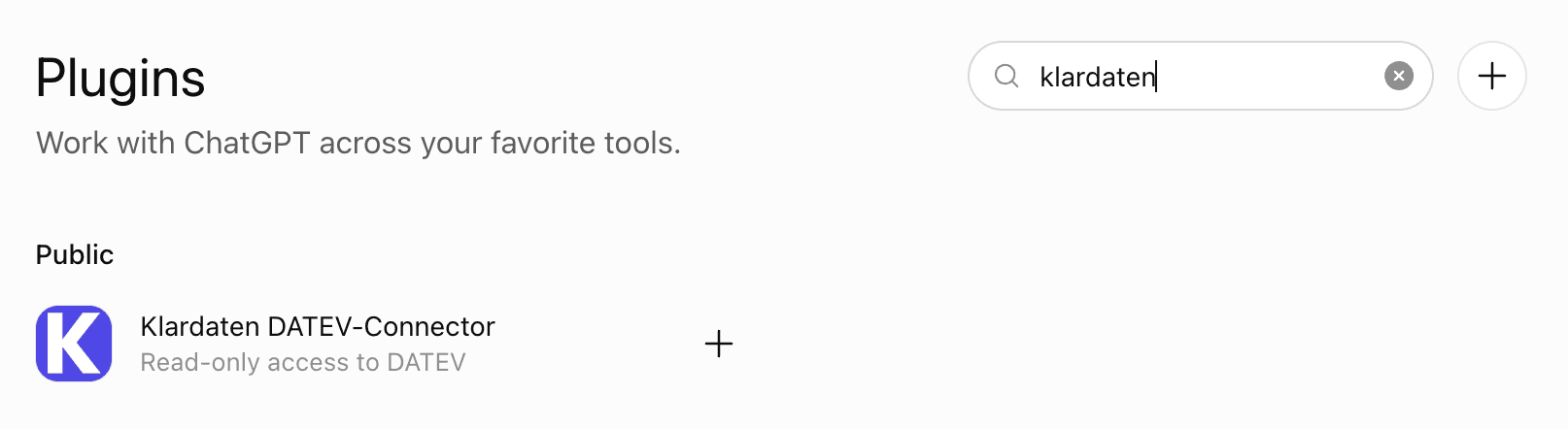 ChatGPT plugin search showing Klardaten DATEV-Connector