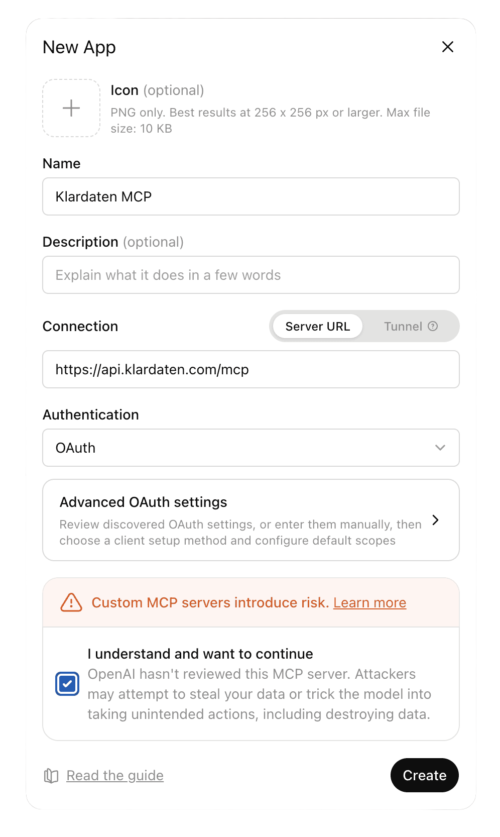 ChatGPT: New App dialog with Klardaten MCP server settings