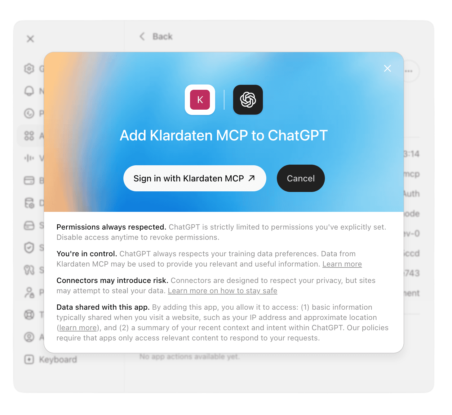 ChatGPT: Klardaten MCP permission and OAuth sign-in
