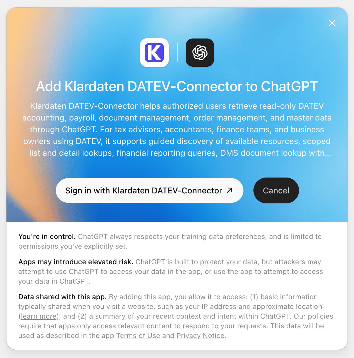 ChatGPT permission screen for signing in with Klardaten DATEV-Connector