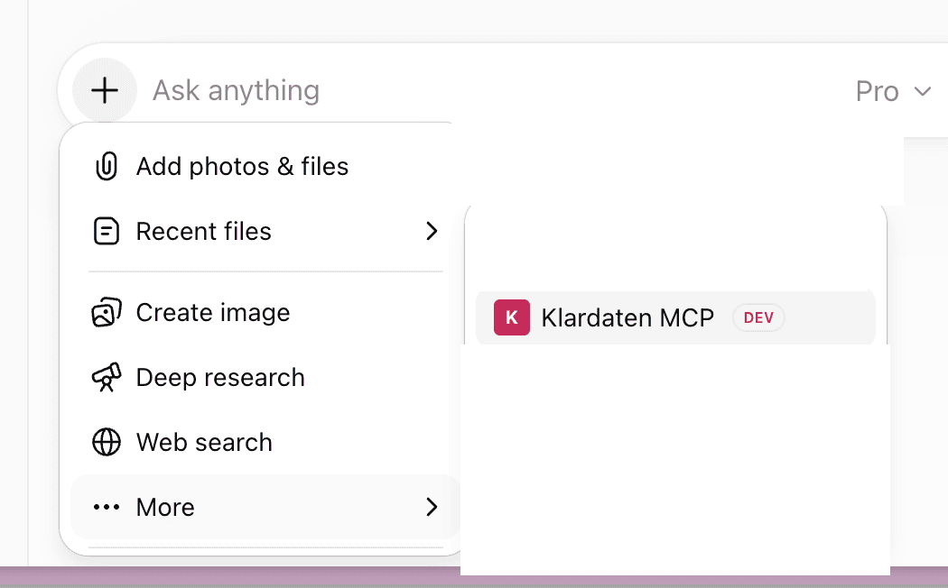 ChatGPT: selecting Klardaten MCP from the composer app menu