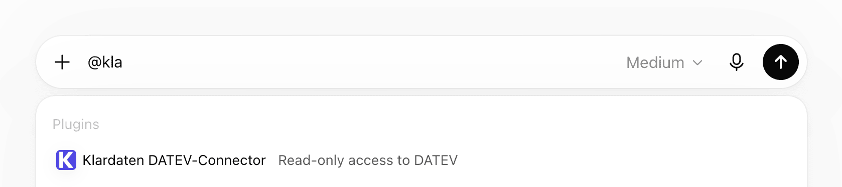 ChatGPT composer showing Klardaten DATEV-Connector in the plugin suggestions